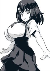 Rule 34 | 10s, 1girl, :&gt;, asanagi, breasts, female focus, gatchaman crowds, greyscale, ichinose hajime, impossible clothes, large breasts, looking at viewer, monochrome, outstretched arms, short sleeves, simple background, skirt, solo, spread arms, suspender skirt, suspenders, white background