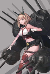 Rule 34 | 10s, 1girl, blonde hair, breasts, cannon, chain, cleavage, clenched hand, cowboy shot, female focus, gloves, green eyes, grey background, headgear, highres, kantai collection, large breasts, md5 mismatch, mecha musume, microskirt, midriff, mutsu (kancolle), navel, open mouth, pleated skirt, red thighhighs, resolution mismatch, short hair, simple background, skirt, sleeveless, smile, solo, source larger, striped clothes, striped thighhighs, thighhighs, tsuki suigetsu, turret, white gloves, zettai ryouiki