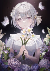 Rule 34 | 1girl, animal, blue flower, breasts, brown eyes, bug, butterfly, commentary, daffodil, dress, english commentary, flower, grey hair, hair between eyes, hands up, highres, holding, holding flower, insect, iren lovel, lily (flower), looking at viewer, medium breasts, original, parted lips, purple flower, short hair, solo, white dress, white flower