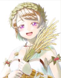 Rule 34 | 1girl, artist name, artist request, bare shoulders, blush, breasts, brown hair, cherry, cleavage, close-up, collarbone, dress, female focus, food, fruit, hair between eyes, hair ornament, head wreath, highres, holding, jewelry, koizumi hanayo, leaf hair ornament, looking at viewer, love live!, love live! school idol festival, love live! school idol project, medium breasts, necklace, parted lips, plaid, plaid dress, pleated, pleated dress, purple eyes, short hair, sleeveless, sleeveless dress, smile, solo, upper body, veil, white background, white dress, white veil