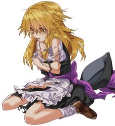 Rule 34 | 1girl, apron, black skirt, blonde hair, blush, brown footwear, commentary request, crying, crying with eyes open, full body, hair between eyes, kirisame marisa, long hair, manarou, messy hair, sash, shirt, shoes, simple background, skirt, skirt set, socks, solo, tears, torn apron, torn clothes, torn shirt, torn skirt, torn vest, touhou, vest, waist apron, white background, white socks, yellow eyes