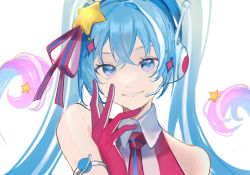Rule 34 | 1girl, absurdres, aqua hair, bare shoulders, bracelet, collared dress, commentary, crossed bangs, curly hair, diamond (shape), dress, future eve (vocaloid), gloves, grin, hair ornament, hatsune miku, headset, highres, jewelry, long hair, looking at viewer, magical mirai (vocaloid), magical mirai miku, magical mirai miku (2022), multicolored eyes, multicolored hair, necktie, open hand, pink eyes, pink hair, planet, planetary ring, portrait, red dress, red gloves, red necktie, simple background, single glove, sleeveless, sleeveless dress, smile, solo, star (symbol), star hair ornament, streaked hair, twintails, two-tone dress, vocaloid, white background, white dress, white hair, yukihira makoto