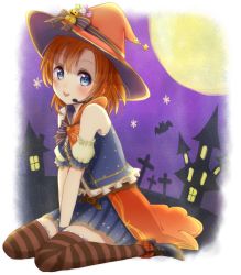 Rule 34 | 10s, 1girl, :p, bad id, bad twitter id, blue eyes, blush, bow, brown legwear, cora stt, full moon, gradient background, halloween, hat, headset, kosaka honoka, looking at viewer, love live!, love live! school idol festival, love live! school idol project, moon, orange hair, short hair, sitting, skirt, sleeveless, solo, striped clothes, striped legwear, striped thighhighs, thighhighs, tongue, tongue out, wariza, witch hat