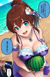 Rule 34 | 1boy, 1girl, beach, bikini, blue eyes, blue sky, blush, breasts, breasts squeezed together, brown hair, cleavage, cloud, collarbone, commentary request, day, food, frilled bikini, frills, fruit, hair ornament, highres, holding, holding food, holding fruit, horizon, idolmaster, idolmaster million live!, idolmaster million live! theater days, jewelry, kamille (vcx68), looking at viewer, medium breasts, melon, necklace, ocean, open mouth, outdoors, ponytail, producer (idolmaster), purple bikini, sand, satake minako, sidelocks, sky, smile, speech bubble, swimsuit, thinking, translation request, water