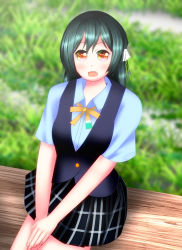 Rule 34 | 1girl, aqua shirt, artist name, artist request, bare legs, black hair, black skirt, black vest, blue hair, bow, bowtie, breasts, buttons, chair, checkered clothes, checkered skirt, collared shirt, dark blue hair, dark green hair, hair between eyes, hair bow, hair ribbon, highres, looking at viewer, love live!, love live! nijigasaki high school idol club, mifune shioriko, miniskirt, nail, nail polish, neck ribbon, nijigasaki school uniform, on chair, orange eyes, own hands together, parted lips, pink nails, plaid, plaid skirt, pleated, pleated skirt, red eyes, ribbon, school uniform, shirt, short hair, short sleeves, sitting, skirt, small breasts, smile, solo, sweater vest, vest, white shirt, yellow bow, yellow ribbon