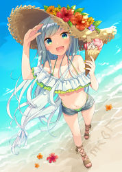 Rule 34 | 1girl, :d, ankle lace-up, banana, banana slice, bare legs, bare shoulders, beach, bekotarou, bikini, bikini under clothes, biscuit, blue eyes, collarbone, cross-laced footwear, cutoffs, denim, denim shorts, fingernails, flower, food, frills, from above, fruit, full body, gradient eyes, green bikini, green eyes, halterneck, hand up, hat, hat flower, heart, hibiscus, highres, holding, holding food, ice cream, ice cream cone, long hair, looking at viewer, low-tied long hair, multicolored eyes, nail polish, navel, no socks, off-shoulder bikini, off shoulder, open fly, open mouth, original, outdoors, sand, sand writing, sandals, shading eyes, shiny skin, short shorts, shorts, smile, solo, standing, straw hat, strawberry, sunlight, swept bangs, swimsuit, tsurime, unzipped, very long hair, wafer, waffle cone, water, whipped cream, white hair, yellow nails