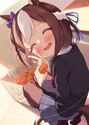 Rule 34 | 1girl, animal ears, blush, bow, bowtie, braid, brown hair, brown sweater, closed eyes, ear bow, food, grey skirt, highres, holding, holding food, horse ears, horse girl, jacket, long sleeves, multicolored hair, open clothes, open jacket, open mouth, pleated skirt, red bow, red bowtie, saboten mushi, shirt, skirt, smile, solo, special week (umamusume), streaked hair, sweater, umamusume, white hair, white shirt