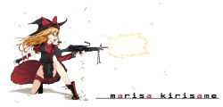 Rule 34 | 1girl, :o, angry, asymmetrical clothes, bipod, blonde hair, bow, braid, bullet, casing ejection, character name, dress, female focus, firing, gun, hat, highres, holding, holding gun, holding weapon, kirisame marisa, kneeling, light machine gun, long hair, m249, machine gun, muzzle flash, on one knee, open mouth, ribbon, shell casing, shoes, solo, torn clothes, touhou, weapon, witch, witch hat