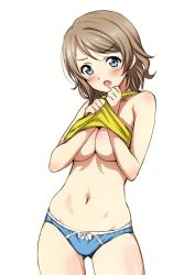 Rule 34 | 1girl, absurdres, annoyed, blue eyes, blue panties, blush, bow, bow panties, breasts, cleavage, clothes lift, covering privates, covering breasts, cowboy shot, eyebrows, highres, lifted by self, light brown hair, looking at viewer, love live!, love live! sunshine!!, medium breasts, navel, no pants, open mouth, panties, sankuro (agoitei), scan, shiny skin, shirt, shirt lift, simple background, solo, stomach, underwear, watanabe you, white background, white bow, yellow shirt