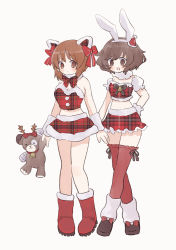 Rule 34 | 2girls, akiyama yukari, alternate costume, animal ears, arm warmers, bandages, bell, black bow, black bowtie, blush, boko (girls und panzer), boots, bow, bowtie, brown eyes, brown hair, brown legwear, cat ears, closed mouth, commentary, crop top, crossed legs, detached collar, fake animal ears, frilled legwear, fur-trimmed skirt, fur collar, fur trim, girls und panzer, hair bow, hand on own hip, hat, highres, holding, holding stuffed toy, light frown, looking at viewer, messy hair, midriff, mini hat, mini santa hat, miniskirt, multiple girls, nishizumi miho, open mouth, plaid, plaid shirt, plaid skirt, rabbit ears, red bow, red bowtie, red footwear, red headwear, red shirt, ri (qrcode), santa boots, santa costume, santa hat, shirt, short hair, short sleeves, side-by-side, simple background, skirt, smile, standing, strapless, stuffed toy, thighhighs, white background, white footwear