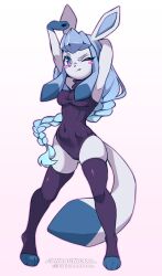 Rule 34 | 1girl, :/, animal ears, animal feet, animal nose, arm behind head, armpits, arms up, artist name, black leotard, black thighhighs, blue eyes, blue hair, blush, blush stickers, body fur, braid, braided ponytail, breasts, clenched hand, closed mouth, coffeechicken, covered navel, creatures (company), fang, fang out, female focus, furry, furry female, game freak, gen 4 pokemon, glaceon, gluteal fold, gradient background, gradient hair, grey fur, hair tie, heattech leotard, highres, legs, legs apart, leotard, long hair, looking at viewer, medium breasts, multicolored hair, nintendo, one eye closed, outline, personification, pink outline, pokemon, pokemon (creature), ribbed leotard, sidelocks, simple background, single braid, skindentation, solo, stretching, tail, thighhighs, thighs, toeless legwear, turtleneck, twitter username, very long hair, watermark, white background
