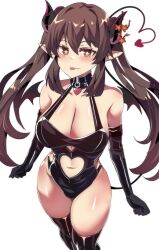 Rule 34 | 1girl, :p, absurdres, alternate costume, black gloves, black leotard, black thighhighs, breasts, brown eyes, brown hair, choker, cleavage, clothing cutout, commentary, elbow gloves, genshin impact, gloves, heart, heart choker, heart cutout, highres, hinghoi, hu tao (genshin impact), large breasts, leotard, long hair, looking at viewer, navel, navel cutout, no headwear, pointy ears, smile, solo, standing, thighhighs, thighs, tongue, tongue out, twintails, very long hair