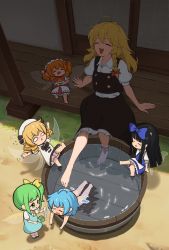 Rule 34 | 6+girls, :o, = =, absurdres, ahoge, ascot, ass, barefoot, black hair, black skirt, black vest, blonde hair, bloomers, blue bow, blue dress, blue hair, bow, braid, buttons, cirno, closed eyes, commentary request, container, daiyousei, day, dress, drill hair, esthoric, fairy wings, fang, green hair, hair bow, hand fan, happy, highres, holding, holding fan, ice, ice wings, kirisame marisa, knees, laughing, long hair, luna child, multiple girls, no headwear, no pupils, nude, one side up, open mouth, orange hair, pillar, pinafore dress, puffy short sleeves, puffy sleeves, shadow, shirt, short hair, short sleeves, side ponytail, single braid, skirt, sleeping, sleeveless dress, soaking feet, solid oval eyes, star sapphire, sunny milk, touhou, two side up, underwear, veranda, vest, water, white shirt, wings, wooden floor, worried, yellow ascot