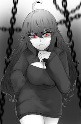 Rule 34 | 1girl, absurdres, ahoge, black background, blonde hair, breasts, chain, cleavage, cleavage cutout, clothing cutout, eyes visible through hair, glowing, glowing eyes, greyscale, highres, large breasts, long hair, meme attire, monochrome, no panties, open-chest sweater, red eyes, rwby, sweater, very long hair, wavy hair, yang xiao long, z666ful