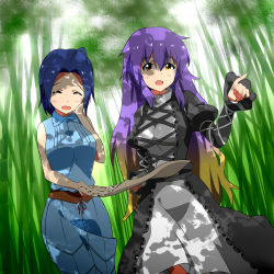 Rule 34 | 2girls, ^ ^, ahoge, bad id, bad pixiv id, bamboo, bamboo forest, blue hair, breasts, closed eyes, crossover, dappled sunlight, day, dress, closed eyes, forest, fueiku, gradient hair, hand on own face, hijiri byakuren, idolmaster, idolmaster (classic), juliet sleeves, layered dress, long hair, long sleeves, map, miura azusa, multicolored hair, multiple girls, nature, open mouth, outdoors, pointing, puffy sleeves, robe, shade, shirt, skirt, skirt set, sleeveless, sleeveless shirt, sunlight, touhou, very long hair, yellow eyes