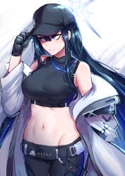 Rule 34 | 1girl, adjusting clothes, adjusting headwear, bare shoulders, baseball cap, belt, black belt, black gloves, black hat, black pants, black shirt, blue archive, blue eyes, blue hair, breasts, coat, commentary request, cowboy shot, crop top, gloves, groin, hand up, hat, highres, ichigai (hayawossan), large breasts, long hair, midriff, navel, off shoulder, open clothes, open coat, pants, saori (blue archive), shirt, sleeveless, sleeveless shirt, solo, standing, stomach, very long hair, white coat