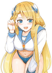 Rule 34 | 1girl, :d, asymmetrical bangs, asymmetrical hair, blonde hair, blue eyes, blue panties, blue sailor collar, blush, braid, breasts, cameltoe, clenched hand, cowboy shot, crop top, eyelashes, french braid, hand in own hair, hand on own thigh, hand up, haruha (aeropolis), headgear, highres, last origin, leaning forward, long hair, long sleeves, looking at viewer, low twintails, medium breasts, midriff, navel, no pants, open mouth, panties, sailor collar, sailor shirt, shirt, sidelocks, simple background, single braid, smile, solo, straight-on, straight hair, teeth, tongue, twintails, underwear, undine (last origin), upper teeth only, very long hair, white background, white shirt, wide hips