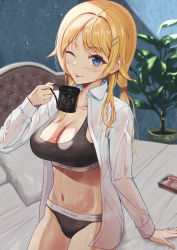 Rule 34 | 1girl, ;p, absurdres, bed frame, bed sheet, black panties, blonde hair, blue eyes, blush, breasts, cigarette pack, cleavage, closed mouth, coffee mug, cup, hachimiya meguru, hair ornament, hairclip, highres, holding, holding cup, idolmaster, idolmaster shiny colors, indoors, large breasts, long hair, long sleeves, looking at viewer, mug, okamoto condoms, on bed, one eye closed, open clothes, open shirt, panties, plant, potted plant, see-through, shirt, sitting, smile, solo, sports bra, taki rentaro, tongue, tongue out, underwear, wet, wet clothes, wet shirt, white shirt