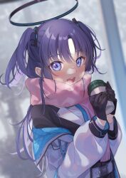 Rule 34 | 1girl, black gloves, blue archive, blue necktie, blush, coffee cup, commentary request, cup, disposable cup, formal, gloves, halo, highres, holding, holding cup, jacket, kurape (pat1na), long hair, long sleeves, looking at viewer, mechanical halo, necktie, open mouth, partial commentary, pink scarf, purple eyes, purple hair, scarf, shirt, smile, solo, suit, two-sided fabric, two-sided jacket, two side up, upper body, white jacket, white shirt, yuuka (blue archive)