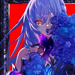 Rule 34 | 1girl, bare shoulders, blue flower, blue rose, commentary request, flower, highres, honkai: star rail, honkai (series), jingliu (honkai: star rail), long hair, looking at viewer, portrait, purple hair, red eyes, rose, sas (ls08b), solo