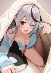 Rule 34 | 1girl, ;d, bare legs, bed sheet, black hair, bottomless, breasts, cleavage, collarbone, fang, grey background, grey hair, highres, hololive, long hair, long sleeves, medium breasts, multicolored hair, one eye closed, open mouth, red eyes, sable mint, sakamata chloe, smile, solo, streaked hair, stuffed orca, sweater, under covers, virtual youtuber