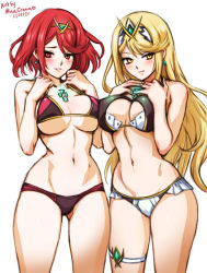 Rule 34 | 2020, 2girls, bikini, blonde hair, blush, breast press, breasts, chest jewel, cleavage, dated, dual persona, earrings, female focus, gem, headpiece, jewelry, large breasts, long hair, looking at viewer, matching hair/eyes, mina cream, multiple girls, mythra (xenoblade), narrow waist, navel, nintendo, pyra (xenoblade), red eyes, red hair, short hair, smile, super smash bros., swept bangs, swimsuit, thigh strap, tiara, underboob, very long hair, xenoblade chronicles (series), xenoblade chronicles 2, yellow eyes