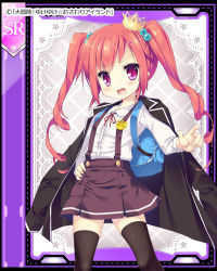 Rule 34 | 1girl, backpack, bag, blazer, character request, child, daibouken! yukeyuke osawari island, fang, long hair, name tag, ochinsama, official art, red eyes, red hair, school uniform, solo, suspenders, thighhighs, twintails