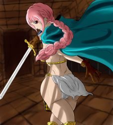 Rule 34 | 1girl, absurdres, ass, breasts, cape, gloves, highres, holding, holding weapon, jewelry, large breasts, long hair, looking at viewer, mijukuhentai, one piece, pink hair, ponytail, rebecca (one piece), self-upload, solo, weapon, wide hips
