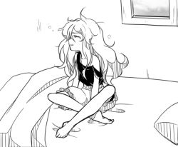 Rule 34 | 1girl, arm support, barefoot, bed, blanket, bloomers, camisole, dairi, closed eyes, greyscale, indian style, indoors, kirisame marisa, long hair, messy hair, monochrome, off shoulder, parted lips, pillow, sitting, sleepy, slovenly, solo, touhou, underwear, waking up, wavy hair, window