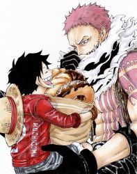 Rule 34 | 2boys, abs, arm tattoo, armlet, bad id, bad pixiv id, bag, bare pectorals, black gloves, black hair, brown gloves, carrying, charlotte katakuri, chest tattoo, denim, denim shorts, doughnut, face-to-face, food, gloves, hat, height difference, highres, holding, holding bag, jacket, komugi (kmgxxx), long sleeves, looking at another, male focus, monkey d. luffy, multiple boys, muscular, one piece, open clothes, open mouth, open vest, pectorals, pink eyes, pink hair, red jacket, scar, scarf, scarf over mouth, sharp teeth, short hair, shorts, simple background, sitting, smile, spiked armlet, spikes, stitches, stomach, stomach tattoo, straw hat, tattoo, teeth, unzipped, upper body, vest, white background, zipper