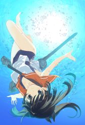 Rule 34 | 10s, 1girl, absurdres, black hair, brown eyes, freediving, full body, highres, i-401 (kancolle), kantai collection, long hair, nakamura takeshi, ponytail, sailor collar, school swimsuit, solo, submerged, swimsuit, swimsuit under clothes, underwater, upside-down