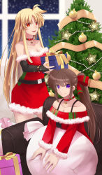 Rule 34 | 2girls, :d, bare legs, bare shoulders, belt, black belt, black sleeves, blonde hair, blurry, blurry background, bow, box, breasts, bridal gauntlets, brown hair, choker, christmas, christmas tree, cleavage, closed mouth, collarbone, cowboy shot, detached sleeves, dress, fate testarossa, fur-trimmed dress, fur-trimmed sleeves, fur trim, gift, gift bag, gift box, hair between eyes, hair bow, highres, holding, holding box, jewelry, large breasts, long hair, long sleeves, lyrical nanoha, mahou shoujo lyrical nanoha strikers, multiple girls, necklace, off-shoulder dress, off shoulder, open mouth, ponytail, purple eyes, red bow, red choker, red dress, red eyes, santa costume, short dress, sidelocks, smile, solo, sougetsu izuki, standing, star (symbol), star necklace, strapless, strapless dress, takamachi nanoha, very long hair