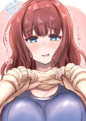 Rule 34 | 1girl, assault lily, blue eyes, blue one-piece swimsuit, blush, breasts, brown hair, brown sweater, clothes lift, commentary request, dated, hands up, heart, heart-shaped pupils, kaede johan nouvel, large breasts, lifted by self, long hair, long sleeves, looking at viewer, one-piece swimsuit, parted lips, pink background, raised eyebrows, school swimsuit, sleeves past wrists, smirk, solo, sweater, sweater lift, swimsuit, swimsuit under clothes, symbol-shaped pupils, tamaao (tamaao31241), translation request, twitter username, two-tone background, upper body, white background