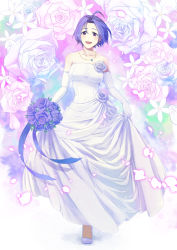 Rule 34 | 1girl, :d, ahoge, blue flower, blue hair, blue ribbon, blue rose, bouquet, clothes lift, dress, dress lift, elbow gloves, floral background, flower, full body, gloves, highres, idolmaster, idolmaster (classic), jewelry, long dress, miura azusa, moufu, necklace, open mouth, petals, purple eyes, ribbon, rose, short hair, smile, solo, strapless, strapless dress, wedding dress, white flower, white gloves, white rose