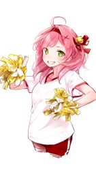Rule 34 | 1girl, ahoge, alternate costume, bell, blush, collarbone, commentary request, cropped legs, eyes visible through hair, green eyes, grin, gym uniform, hair bell, hair ornament, hairband, hairclip, highres, holding, holding pom poms, hololive, jingle bell, long hair, looking at viewer, pink hair, pom pom (cheerleading), pom poms, red hairband, red shorts, sakura miko, shirt, short sleeves, shorts, smile, solo, virtual youtuber, white background, white shirt, x hair ornament, yuyaiyaui