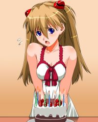 Rule 34 | 00s, 1girl, :o, bare shoulders, birthday cake, blue eyes, blush, body blush, bow, breasts, breasts squeezed together, cake, candle, chemise, cleavage, collarbone, dress, embarrassed, evangelion: 2.0 you can (not) advance, fire, fire, flying sweatdrops, food, fruit, gradient background, hair ornament, lace, light brown hair, lingerie, long hair, medium breasts, neon genesis evangelion, open mouth, orange background, raised eyebrows, rebuild of evangelion, red bow, shadow, solo, souryuu asuka langley, straight hair, strawberry, table, underwear, underwear only, v arms