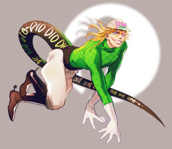 Rule 34 | 1boy, blonde hair, boots, diego brando, glasgow smile, gloves, green shirt, hat, jojo no kimyou na bouken, magatsumagic, male focus, scary monsters (stand), shadow, shirt, short hair, solo, spur, spurs, stand (jojo), steel ball run, sweater, tail, turtleneck