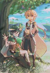 Rule 34 | 2boys, absurdres, aether (genshin impact), androgynous, bard, beret, black gloves, black hair, blonde hair, braid, braided ponytail, collared cape, earrings, flower, frilled sleeves, frills, fuburger, genshin impact, gloves, gradient hair, grass, green headwear, green shorts, hat, hat flower, highres, holding, holding instrument, instrument, jewelry, leaf, looking at viewer, lyre, male focus, midriff, multicolored hair, multiple boys, navel, one eye closed, outdoors, short hair with long locks, shorts, side braids, single earring, smile, teeth, tree, twin braids, venti (genshin impact), waving, white flower