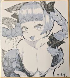 Rule 34 | 1girl, :3, :d, animal ears, bent over, blunt bangs, bow, braid, breasts, breasts out, cat ears, cat tail, dress, fangs, kaenbyou rin, large breasts, looking at viewer, multiple tails, nekomata, nipples, open mouth, shika miso, shikishi, smile, solo, tail, touhou, traditional media, twin braids, two tails