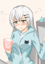 Rule 34 | 1girl, absurdres, blue pajamas, blush, cup, girls&#039; frontline, grey eyes, grey hair, hair ornament, hairclip, highres, long hair, looking down, muteppona hito, pajamas, simple background, solo, svd (girls&#039; frontline)