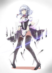 Rule 34 | 1girl, apron, bad id, bad pixiv id, baijiin poison, black thighhighs, braid, clothes lift, combat knife, floating, floating object, full body, high heels, izayoi sakuya, knife, maid headdress, parted lips, ribbon, shoes, short hair, silver hair, skirt, skirt lift, solo, thighhighs, too many, touhou, twin braids, waist apron, weapon, wrist cuffs