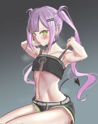 Rule 34 | 1girl, armpits, belly piercing, belt, blush, breasts, choker, ear piercing, green eyes, hair ornament, hairpin, highres, hololive, long hair, multicolored hair, navel, open mouth, piercing, pink hair, pointy ears, pointy tail, purple hair, shorts, sitting, small breasts, steaming body, stretching, sweat, sweatdrop, tail, tail ornament, tokoyami towa, twintails, virtual youtuber