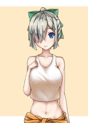 Rule 34 | 1girl, alternate costume, alternate hairstyle, arm at side, bare arms, blue eyes, breasts, clothes around waist, collarbone, cosplay, covered erect nipples, eyes visible through hair, groin, hair over one eye, hair ribbon, hamakaze (kancolle), hand on own chest, highres, kantai collection, large breasts, looking at viewer, midriff, navel, nezirinko, ponytail, ribbon, see-through, shirt, short hair, silver hair, smile, solo, tank top, upper body, white shirt, yuubari (kancolle), yuubari (kancolle) (cosplay)