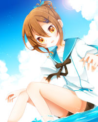 Rule 34 | 1boy, akane (goma), androgynous, blush, bow, brown eyes, brown hair, cloud, goma (11zihisin), hair bow, hair ornament, hairclip, highres, looking at viewer, male focus, open mouth, original, ponytail, ribbon, shorts, sitting, solo, trap, water