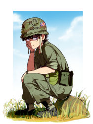Rule 34 | 1girl, blue sky, boots, bracelet, brown hair, cloud, day, earrings, eyeshadow, fatigues, freckles, full body, grass, head rest, helmet, highres, jcm2, jewelry, looking at viewer, looking to the side, luna loud, military, military uniform, on rock, outdoors, paperclip earrings, peace symbol, pouch, purple eyes, purple eyeshadow, rock, short hair, sitting, sky, solo, the loud house, uniform, union jack, united kingdom