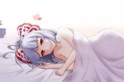 Rule 34 | 1girl, bed sheet, blush, bow, collarbone, commentary request, fujiwara no mokou, hair bow, heart, long hair, looking at viewer, lying, naked sheet, on bed, on side, pov across bed, red bow, red eyes, riria (liry a flower), silver hair, smile, solo, touhou, two-tone bow, under covers, very long hair, white bow