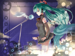 Rule 34 | 1girl, blue eyes, bra, detached sleeves, gears, green hair, hair ribbon, hatsune miku, highres, jewelry, lingerie, long hair, microphone, microphone stand, moon, night, pikazo, ribbon, ring, see-through, skirt, solo, speaker, twintails, underwear, very long hair, vocaloid, wings