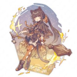 Rule 34 | 1girl, animal ears, bell, belt, boots, broom, brown belt, brown capelet, brown footwear, brown hair, capelet, cat ears, cat girl, cat tail, chest belt, commentary, english commentary, flat chest, frilled skirt, frilled thighhighs, frills, full body, garter straps, hair ribbon, leaning on broom, long hair, looking at viewer, magic, neck ribbon, neoki ohae, night, open mouth, orange capelet, orange ribbon, orange skirt, orange thighhighs, original, outdoors, plantar flexion, ponytail, ribbon, rooftop, showgirl skirt, side slit, sidelocks, skirt, sky, solo, sparkle, star (sky), starry sky, tail, thighhighs, twitter username, two-sided capelet, two-tone capelet, watermark, wristband, yellow eyes