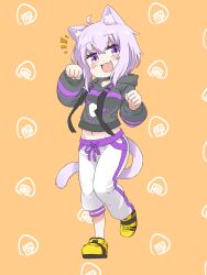 1girl :3 ahoge animal_ears black_sweater cat_ears cat_girl cat_tail commentary d-flag_shelter flower highres hololive hood hooded_sweater medium_hair midriff navel nekomata_okayu open_mouth pants patterned_background paw_pose purple_eyes purple_hair shoes smile solo sweater sweatpants tail virtual_youtuber white_pants yellow_flower