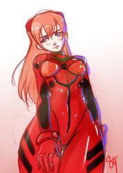 Rule 34 | 1girl, absurdres, artist request, blue eyes, blush, bodysuit, breasts, brown hair, curvy, gradient background, highres, lips, looking at viewer, neon genesis evangelion, plugsuit, red bodysuit, shiny clothes, shiny skin, skin tight, smile, solo, souryuu asuka langley, standing, two side up, wide hips